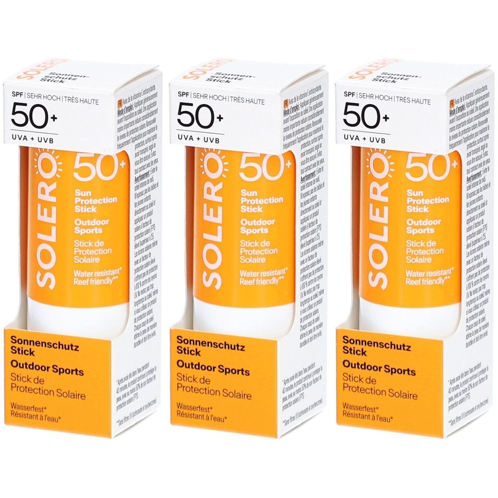 Trois bâtons de protection solaire en emballage. Bâtons orange avec emballage blanc. Inscription : SPF 50+, SOLERO, Stick de protection solaire, Sports de plein air.