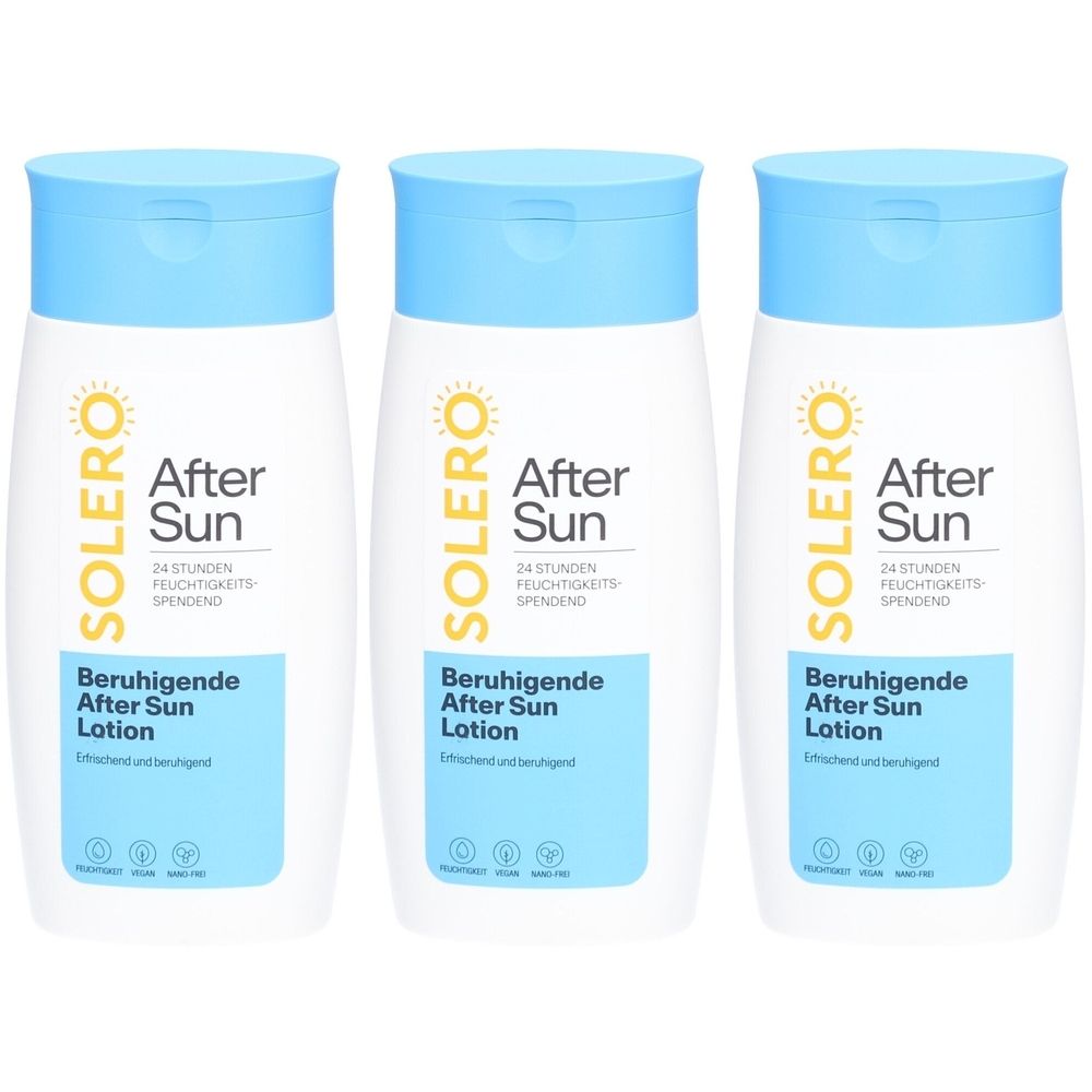 Drie witte flessen SOLERO After Sun Lotion met blauwe dop. Opschrift: Beruhigende After Sun Lotion.
