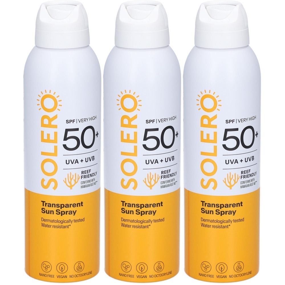 Trois flacons spray blancs avec étiquettes jaunes. Inscription: SOLERO, SPF 50+, UVA+UVB, Transparent Sun Spray. Résistant à l'eau.