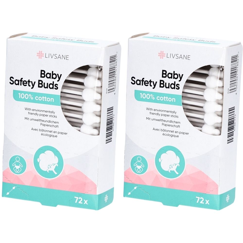 Twee verpakkingen babywattenstaafjes. Opschrift: Baby Safety Buds, 100% katoen, 72 stuks. Verpakking wit, roze en lichtblauw.