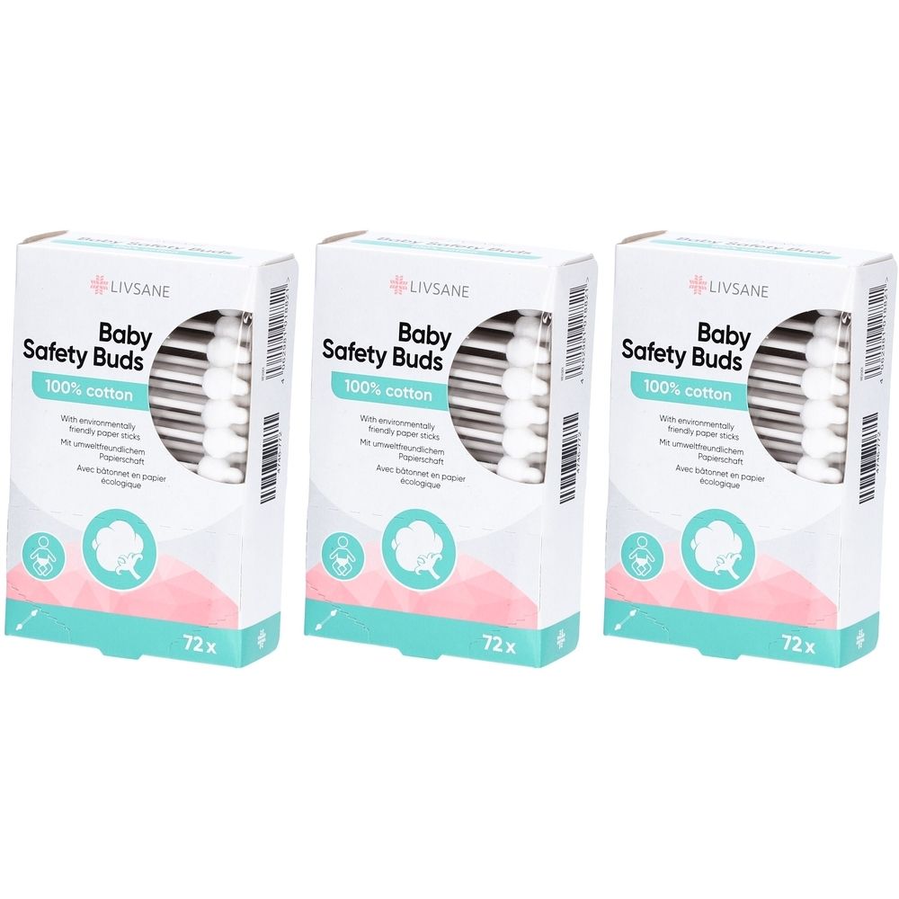 Drie verpakkingen LIVSANE Baby Safety Buds. Witte wattenstaafjes in kartonnen verpakking. Opschrift: 100% katoen, 72 stuks.