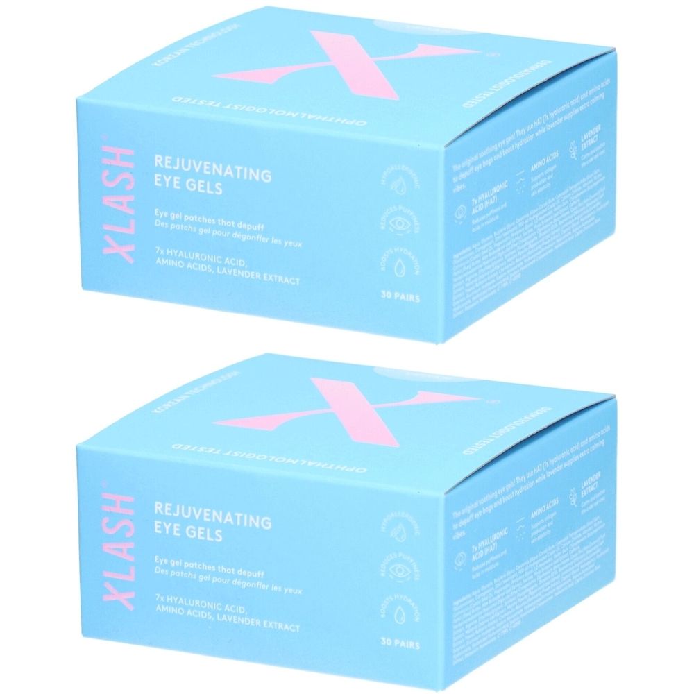 Twee lichtblauwe dozen met roze X-logo. Opschrift: Xlash Rejuvenating Eye Gels. Bevat 30 paar. Engelse tekst.