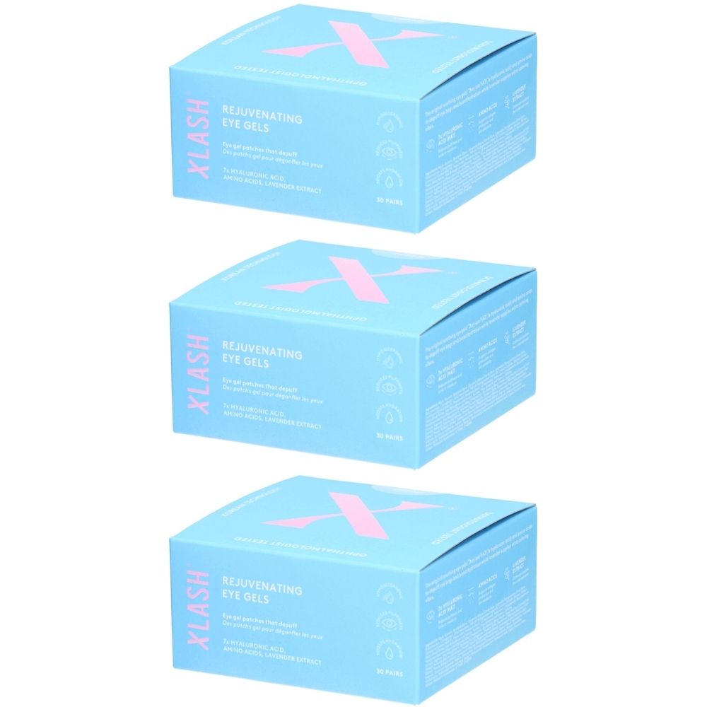 Drie lichtblauwe dozen. Op elke doos staat in roze "X" en "XLASH REJUVENATING EYE GELS".