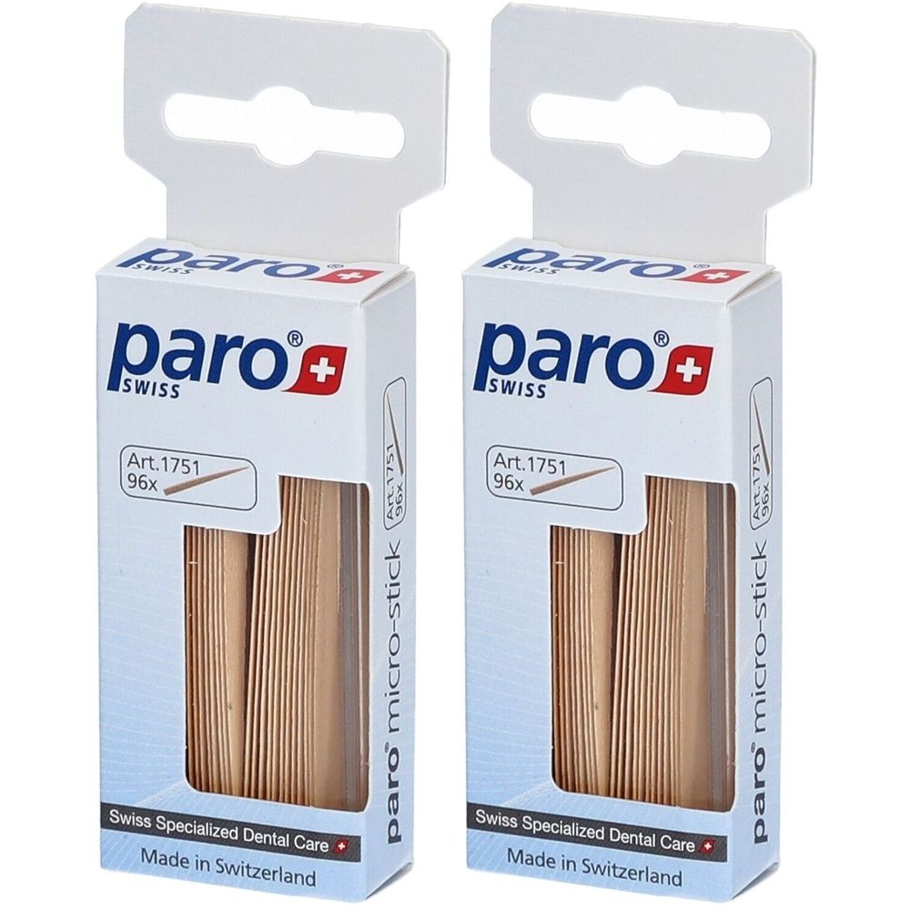 Twee verpakkingen paro micro-stick tandenstokers. Witte verpakking met logo, Zwitsers kruis en productinformatie. 96 stuks per doos.