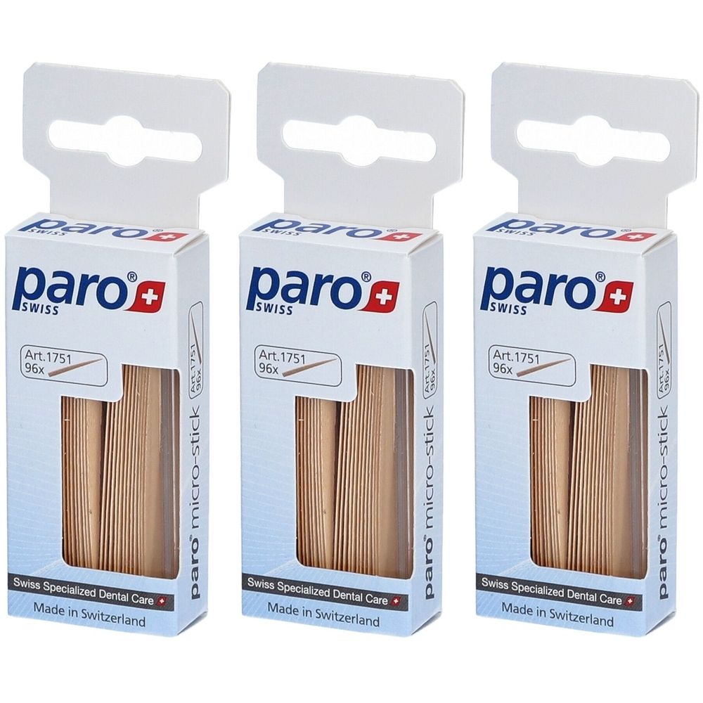 Drie verpakkingen paro micro-sticks. Elke verpakking toont het merklogo, de productnaam en het aantal van 96 stuks. Gemaakt in Zwitserland.