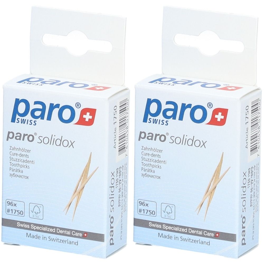 Twee dozen paro® solidox. Witte verpakking met logo, productnaam en tandenstokers. Met ophanghaak.