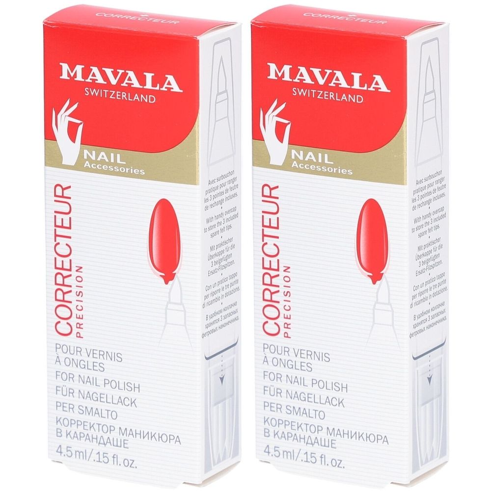 Deux boîtes de correcteur de vernis à ongles Mavala. Boîtes rouges et blanches avec image du produit et texte. Contient 4,5 ml.