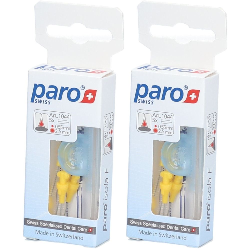 Deux boîtes de brosses interdentaires paro® Isola F. Chaque boîte contient 5 brosses, 0,55 mm, jaunes. Emballage avec fenêtre.