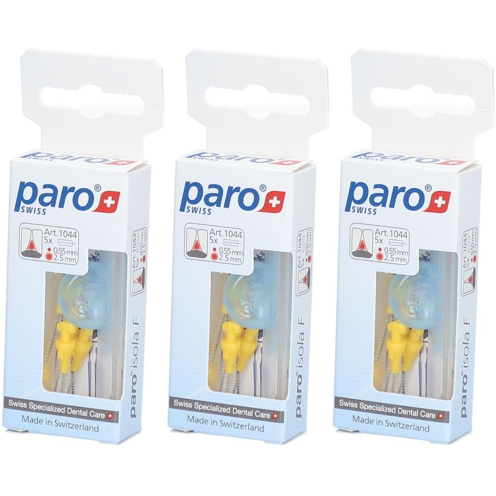 Trois boîtes de brosses interdentaires paro® Isola F. Chaque boîte contient 5 brosses jaunes. Emballage avec logo et informations produit.