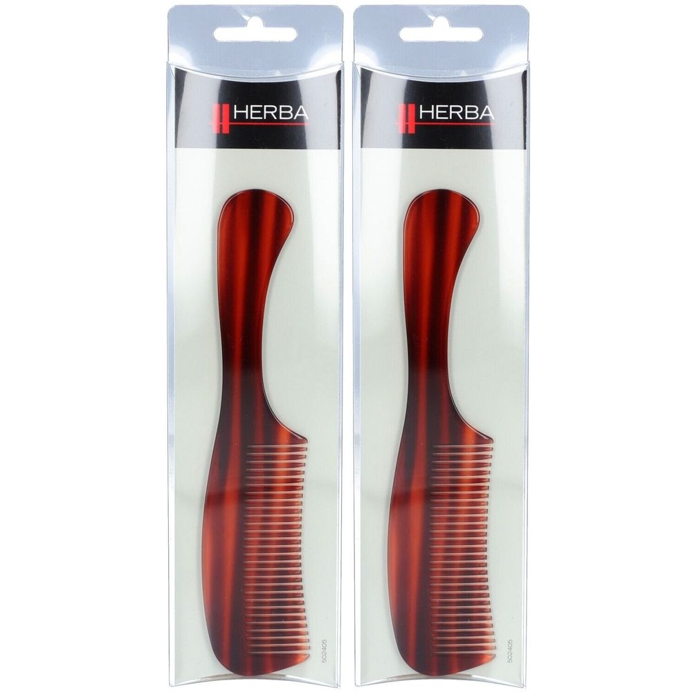 Twee rode kammen met gebogen handvatten, afzonderlijk verpakt in transparant plastic. Het HERBA-logo is zichtbaar.