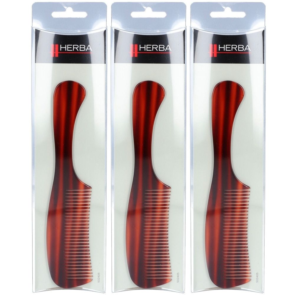 Drie kammen in transparante verpakkingen. De kammen zijn roodbruin met een gebogen handvat. De merknaam HERBA is zichtbaar.