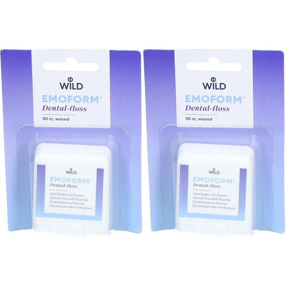 Deux paquets de fil dentaire EMOFORM® avec fluorure. Récipients blancs avec texte bleu, emballage blister.