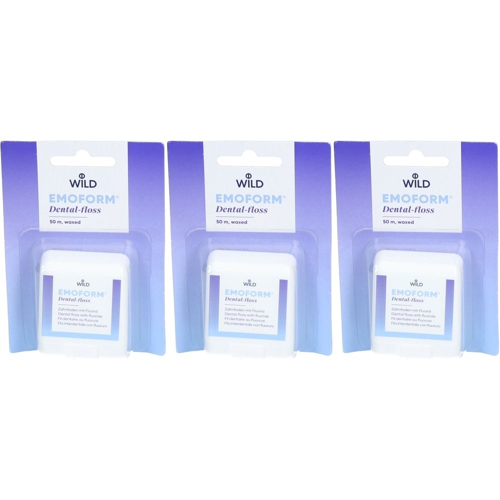 Drie verpakkingen tandzijde. Witte containers met paarse etiketten, op kartonnen verpakking. Opschrift: EMOFORM Dental-floss.