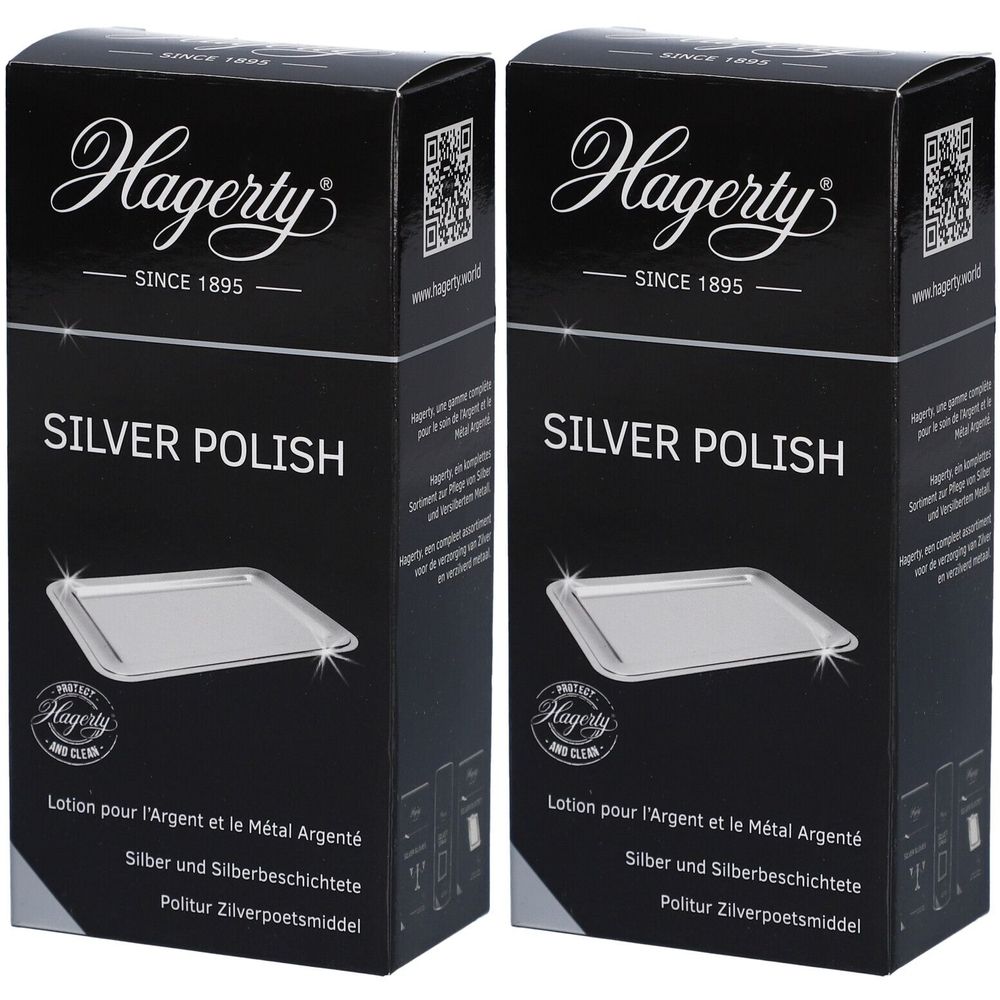 Twee dozen Hagerty Silberpolitur. Zwarte verpakking met productnaam en logo. Bevat lotion voor zilver en verzilverde metalen.
