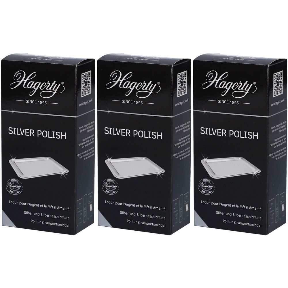 Drie zwarte dozen Hagerty Silver Polish. Opschrift: SILVER POLISH. Logo en QR-code.
