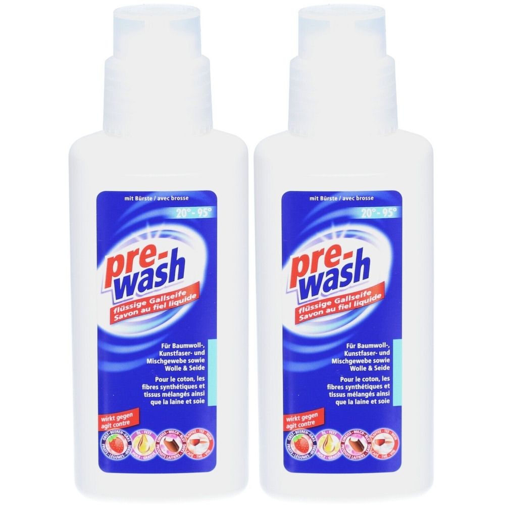 Twee witte flessen met blauwe etiketten. Op de etiketten staat "pre-wash Vloeibare Galzeep".