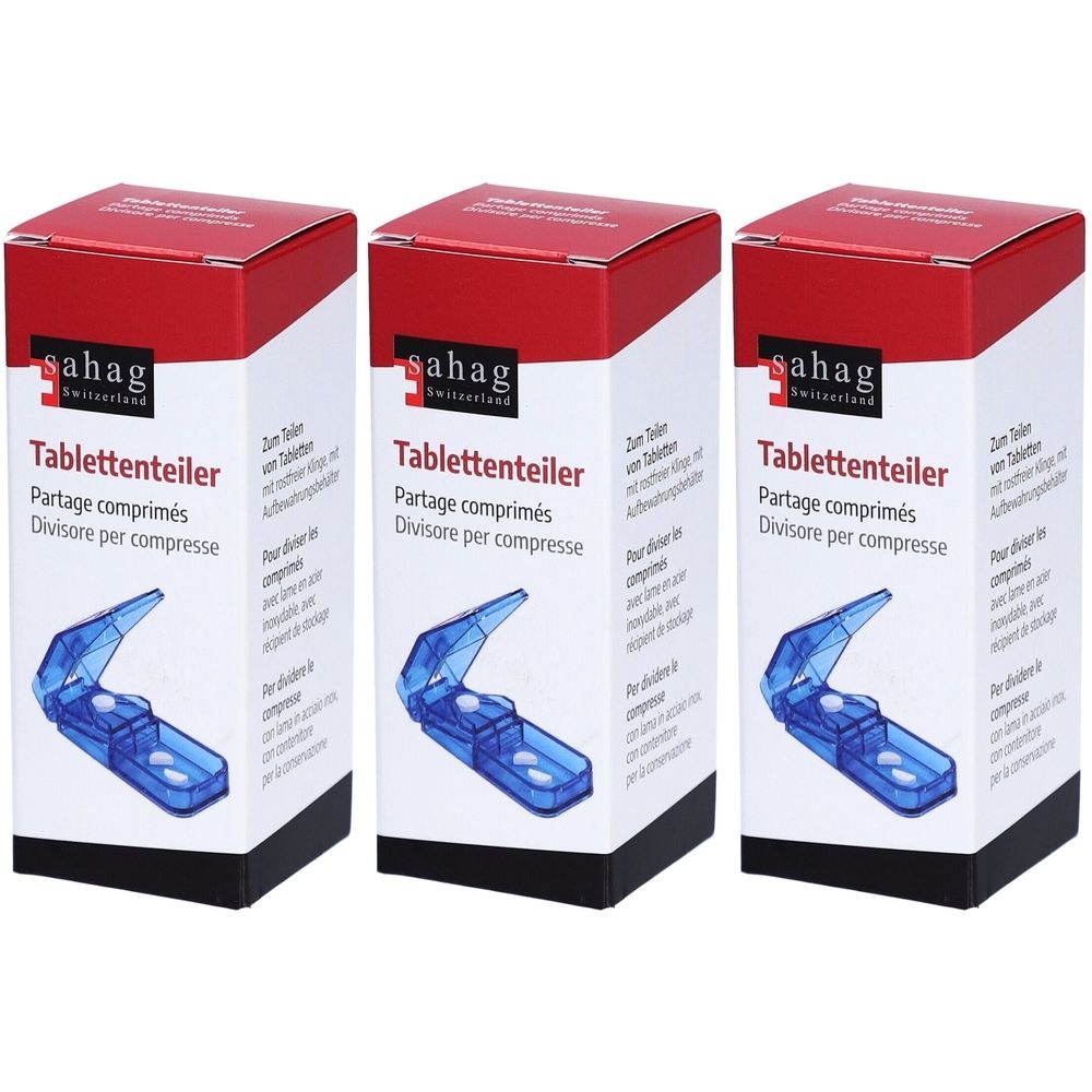 Trois boîtes de coupe-comprimés bleus. Chaque boîte porte l'inscription "sahag" et "Tablettenteiler".