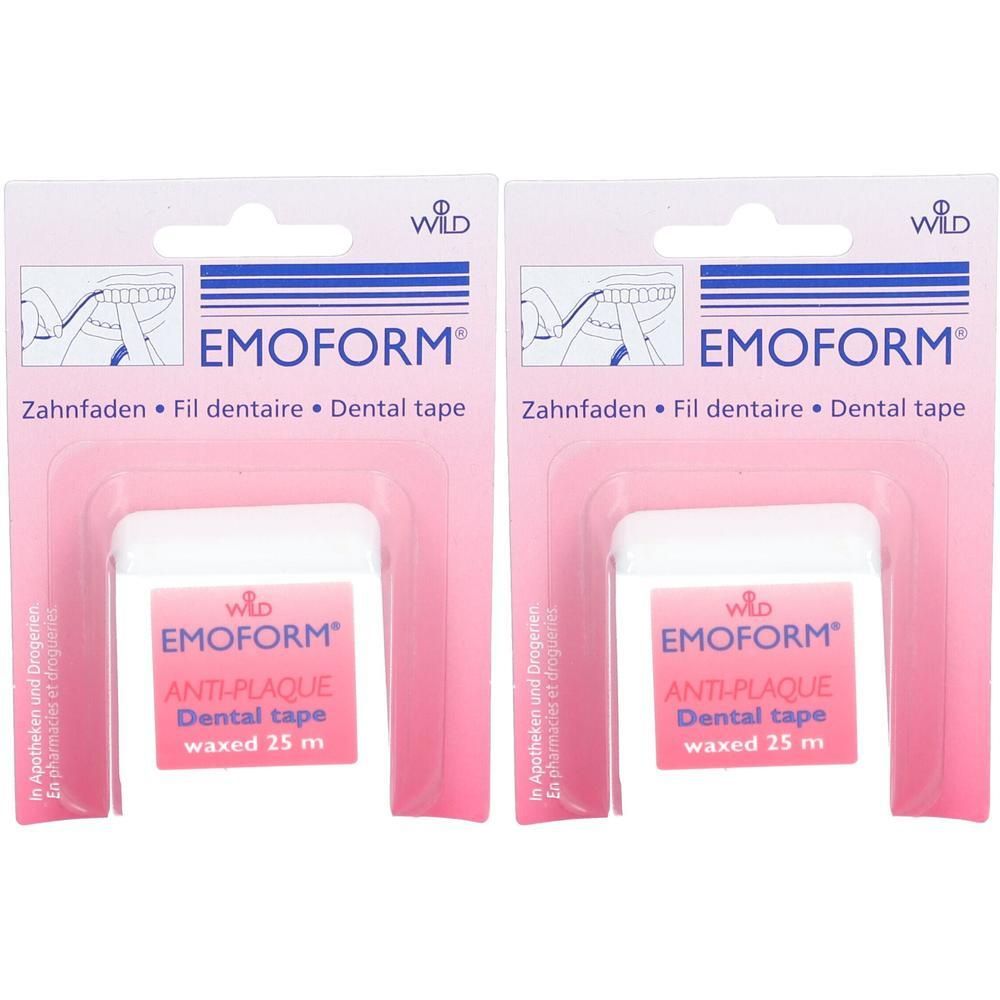 Twee verpakkingen EMOFORM® Anti-Plaque-tanddraad. Witte plastic containers met roze label. Opschrift: Anti-Plaque, waxed 25 m.