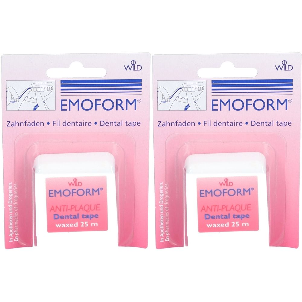 Deux paquets de fil dentaire EMOFORM® Anti-Plaque. Récipients blancs en plastique avec étiquette rose. Inscription: Anti-Plaque, waxed 25 m.