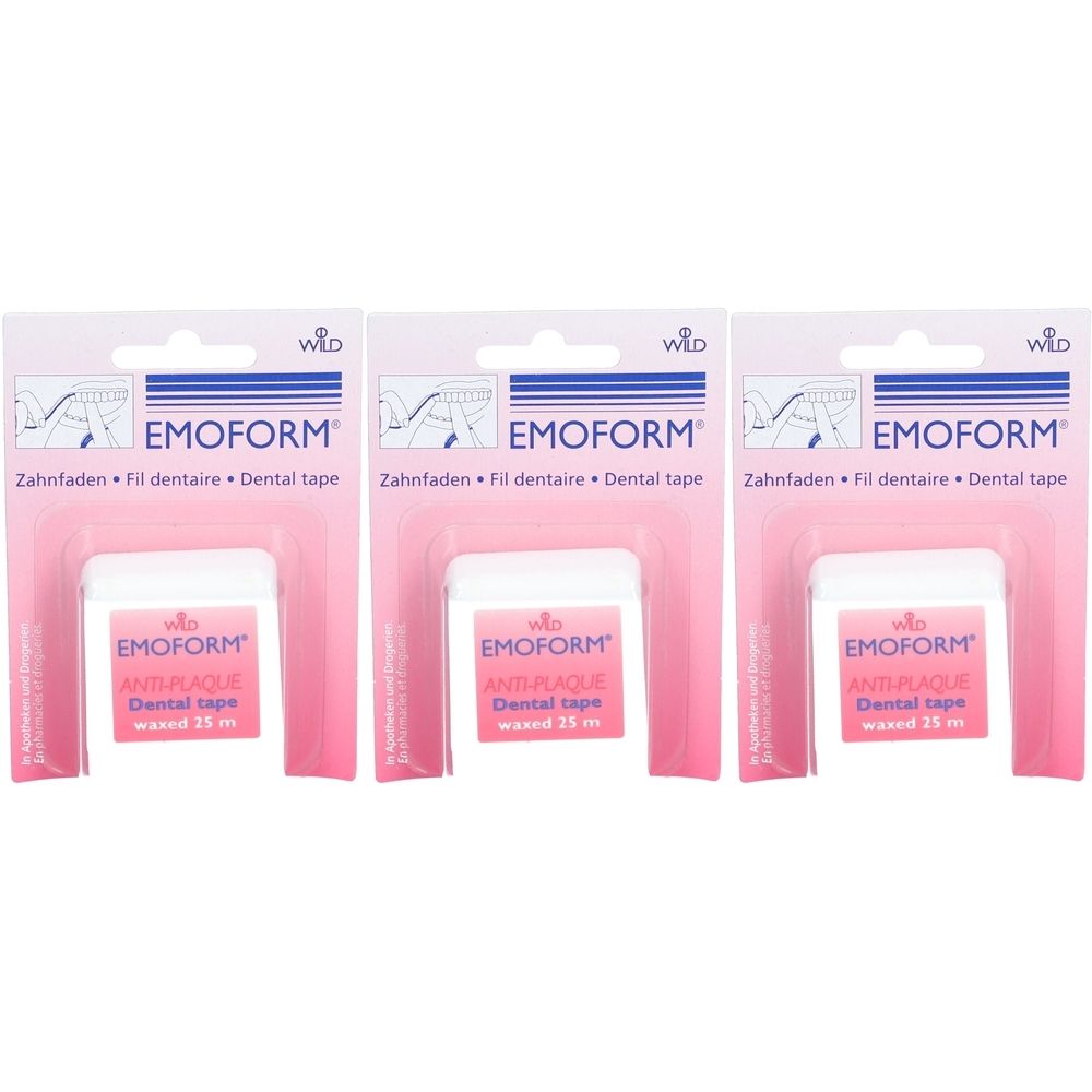 Trois paquets de fil dentaire anti-plaque EMOFORM. Bobines blanches dans un emballage rose. Texte: Zahnfaden, Fil dentaire, Dental tape.