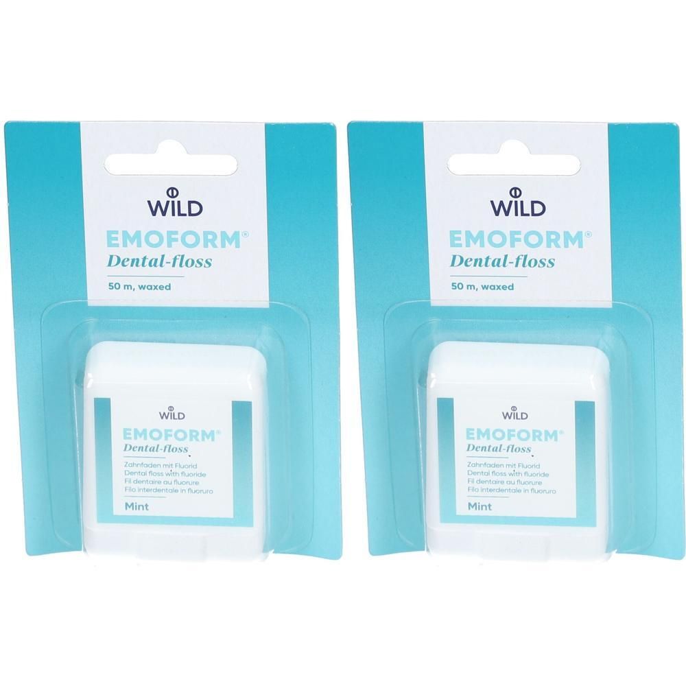 Twee verpakkingen EMOFORM® tandzijde met fluoride. Witte containers met blauwe tekst. Mint smaak, 50 m.