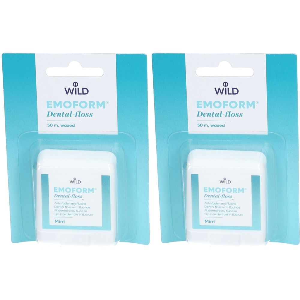 Deux paquets de fil dentaire EMOFORM® au fluorure. Récipients blancs avec texte bleu. Goût menthe, 50 m.