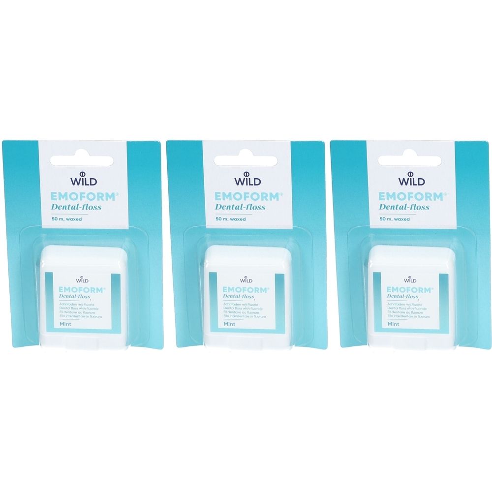 Trois paquets de fil dentaire. Récipients blancs avec étiquette bleue, sur carton bleu. Inscription EMOFORM et WILD.