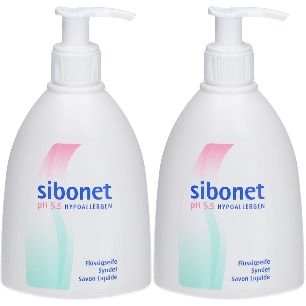 Twee witte flessen met pomp. Op elke fles staat "sibonet pH 5.5 HYPOALLERGEN". Daaronder "Flüssigseife Syndet Savon Liquide".