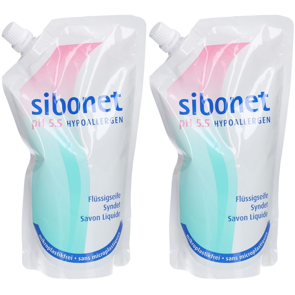 Deux sachets de savon liquide Sibonet. Sachets blancs avec motifs roses et bleus. Texte: pH 5.5 Hypoallergénique, savon liquide, sans microplastiques.