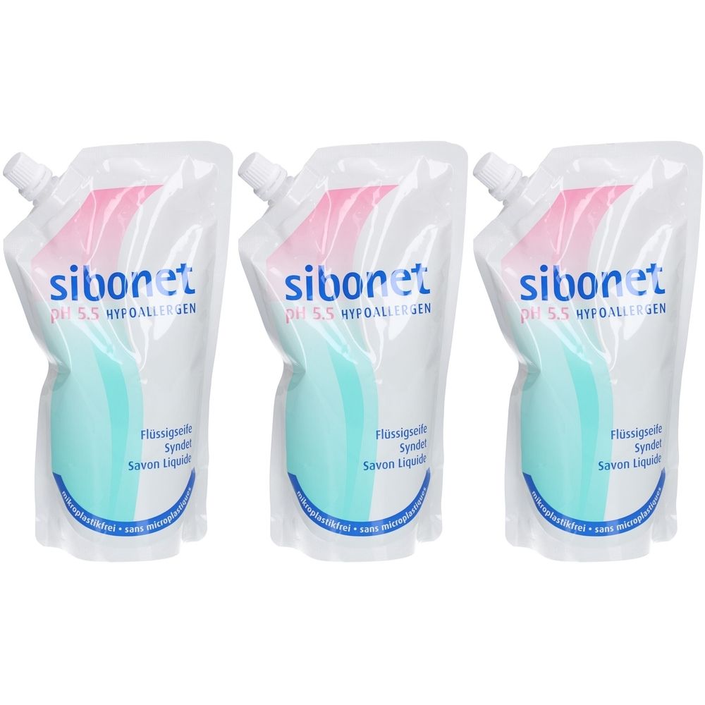 Drie zakjes Sibonet vloeibare zeep. Witte zakjes met roze en turquoise elementen. Tekst: pH 5,5 HYPOALLERGEN, Flüssigseife, Syndet, Savon Liquid.