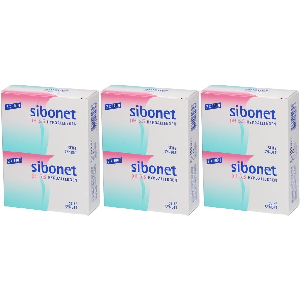 Drie dozen Sibonet pH 5,5 hypoallergene zeep. Witte verpakking met blauw-roze design en productinformatie.