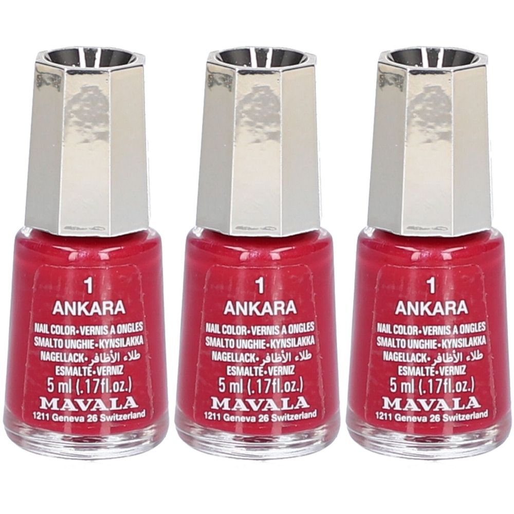 Trois flacons de vernis à ongles. Couleur rouge, bouchon argenté. Inscription : Ankara, Mavala. 5 ml.