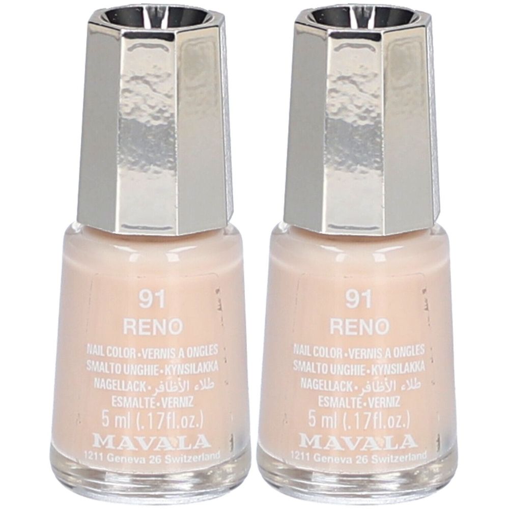 Deux flacons de vernis à ongles beige clair. Inscription : 91 Reno, Mavala. 5 ml.