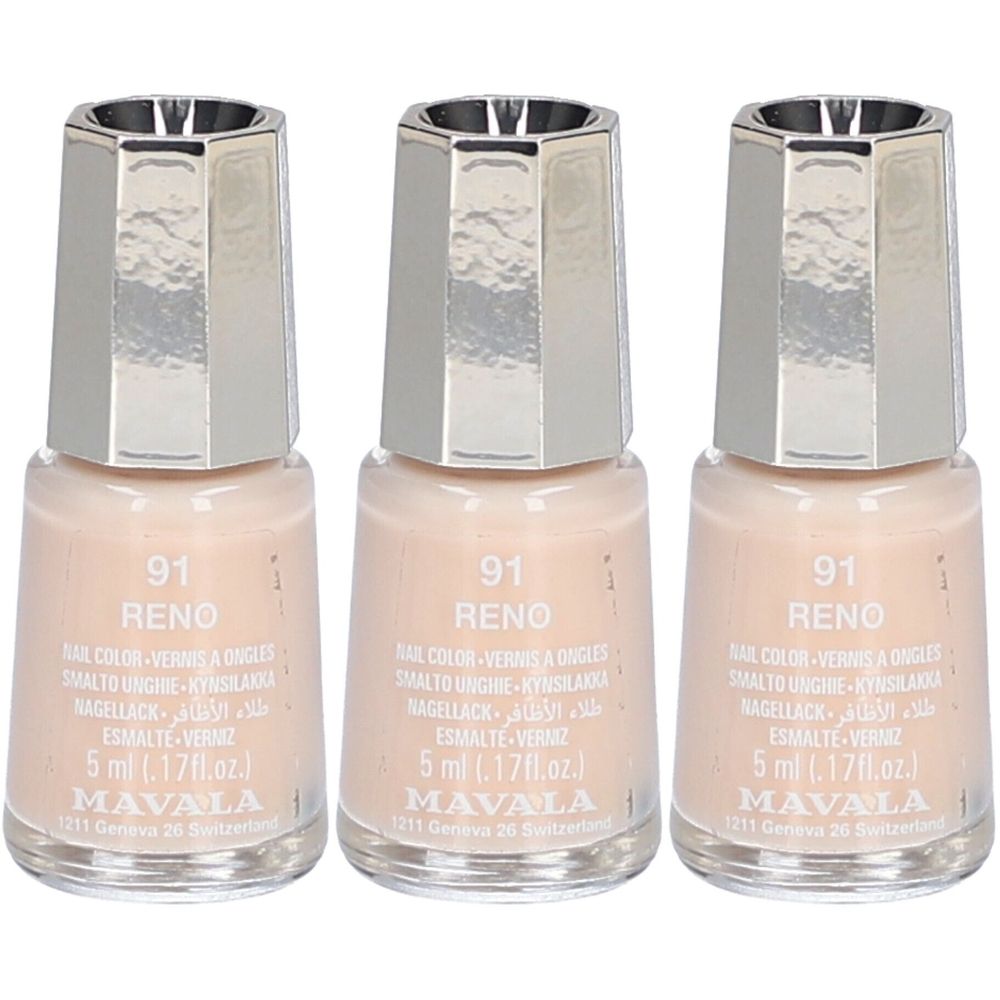 Trois flacons de vernis à ongles beige clair. Bouchon argenté. Inscription : 91 RENO, 5 ml, Mavala.