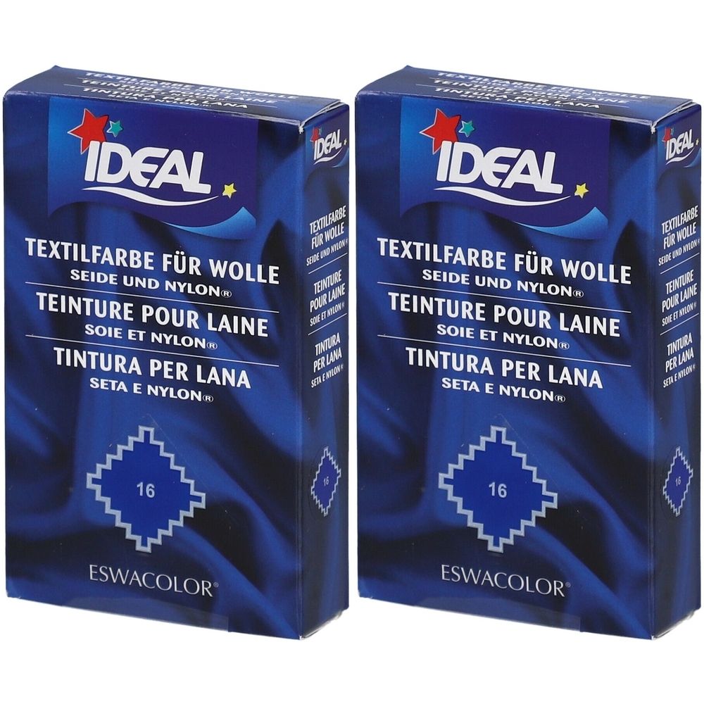 Deux boîtes bleues de teinture IDEAL pour laine, soie et nylon. Inscriptions en allemand, français et italien. Avec le numéro 16.