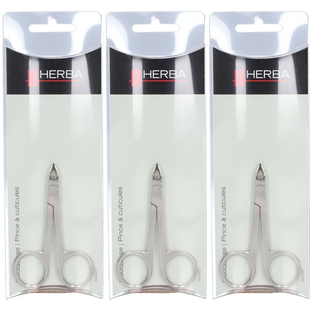 Drie HERBA nagelriemtangetjes in verpakking. Zilverkleurig metaal, afgeronde punt. Opschrift: Pince à cuticules.