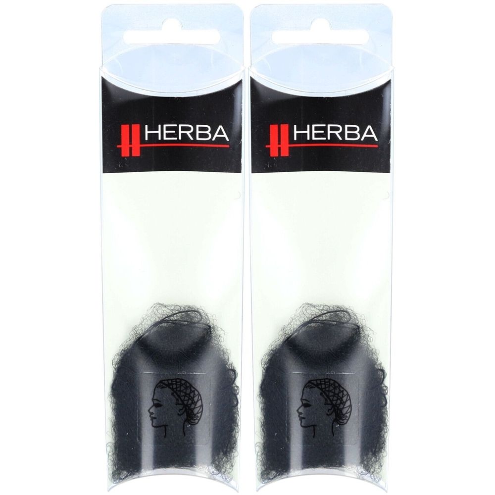 Twee zwarte haar netten in transparante verpakking. Opdruk: HERBA. Illustratie van een vrouw met haarnetje.