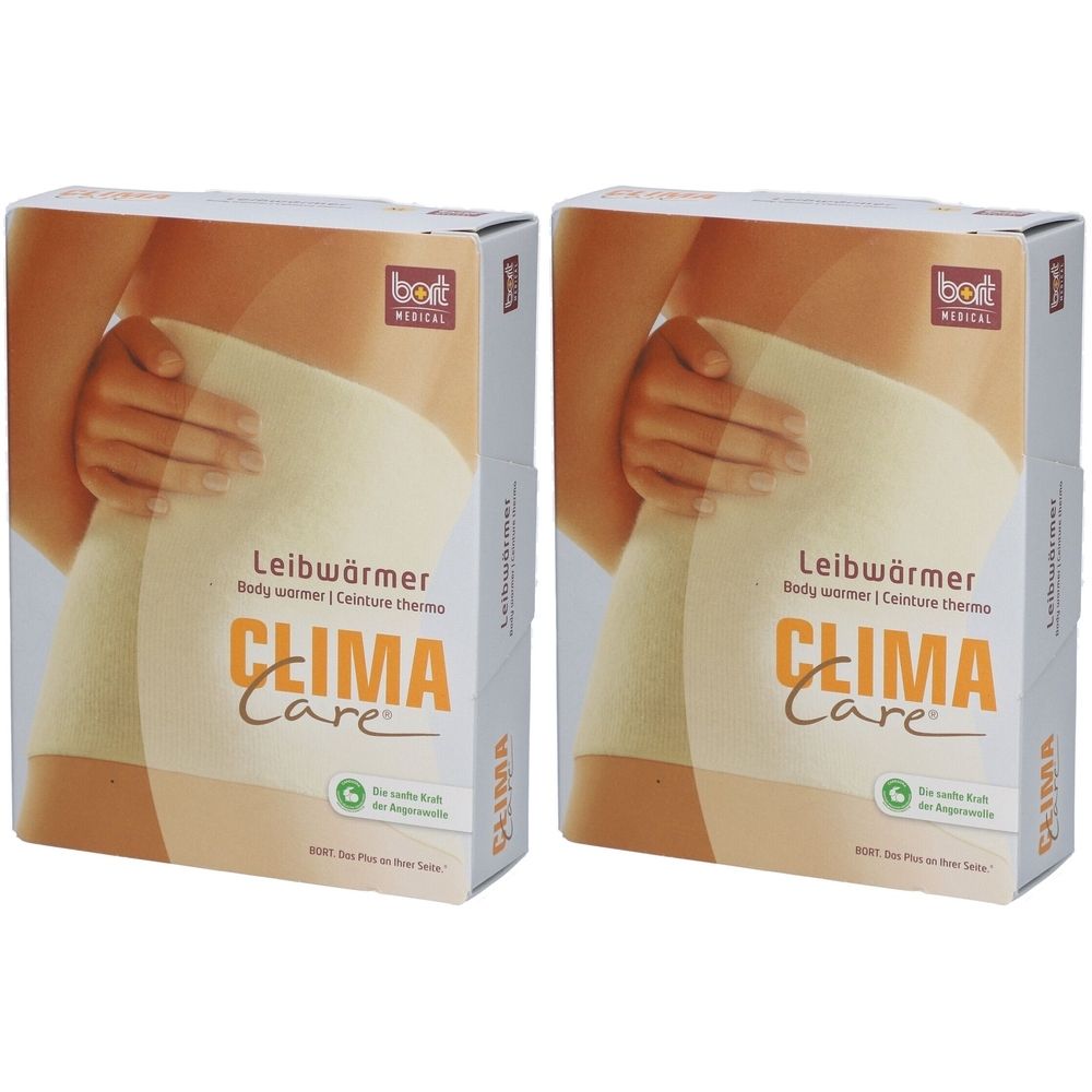 Deux boîtes de CLIMACare® Leibwärmer. Inscription : CLIMA Care, Leibwärmer, Body warmer, Ceinture thermique. Emballage beige-brun.