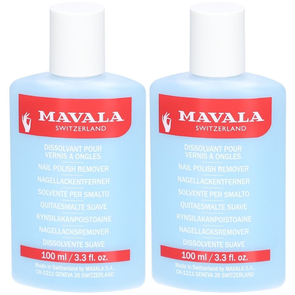 Deux flacons de dissolvant pour vernis à ongles. Liquide bleu, bouchon blanc, étiquette rouge avec la marque MAVALA. Texte: dissolvant, 100 ml.