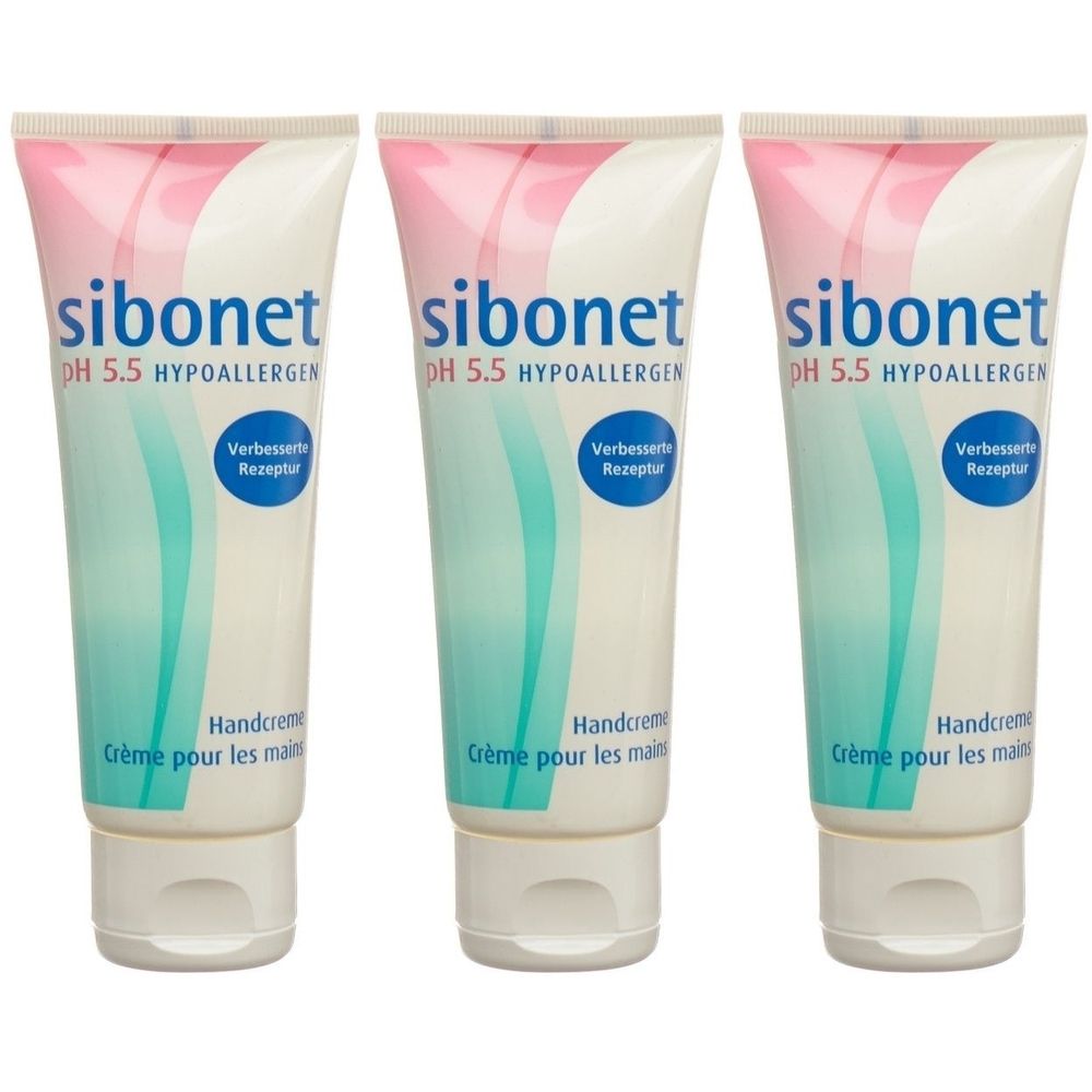 Trois tubes de crème pour les mains Sibonet. Tubes blancs avec des accents roses et turquoise. Inscription : pH 5.5, hypoallergénique, Handcreme, Crème pour les mains.