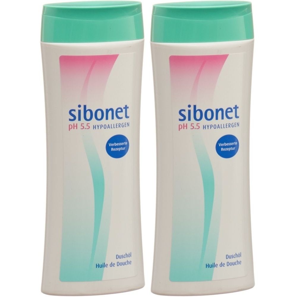 Twee flessen douchegel met groene dop. Opschrift: sibonet pH 5.5 hypoallergeen. Tekst in het Duits en Frans.
