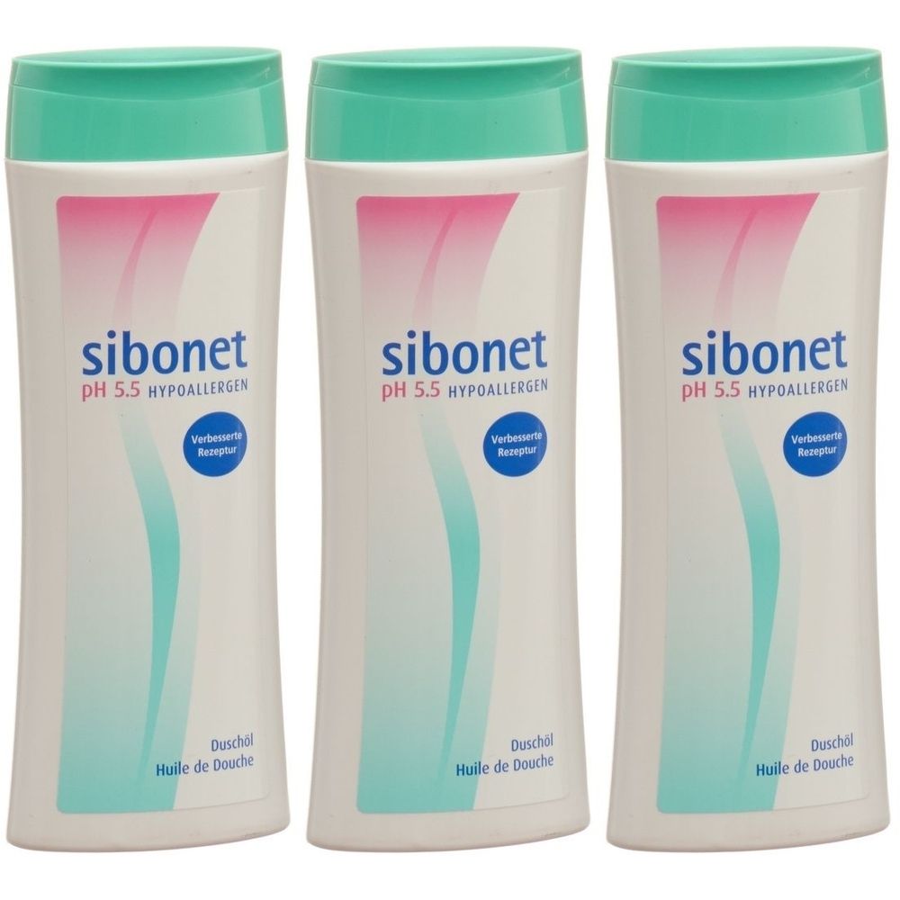 Drie witte flessen met groene dop. Opschrift: sibonet pH 5.5 HYPOALLERGEN. Daaronder: Duschgel, Huile de Douche.