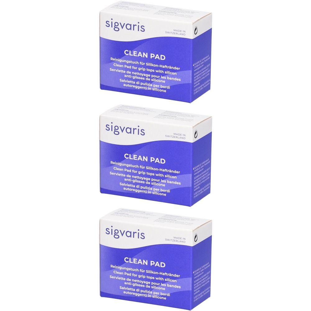 Drie dozen met blauwe en witte accenten. Op elke doos staat "sigvaris" en "CLEAN PAD". Meertalige tekst.