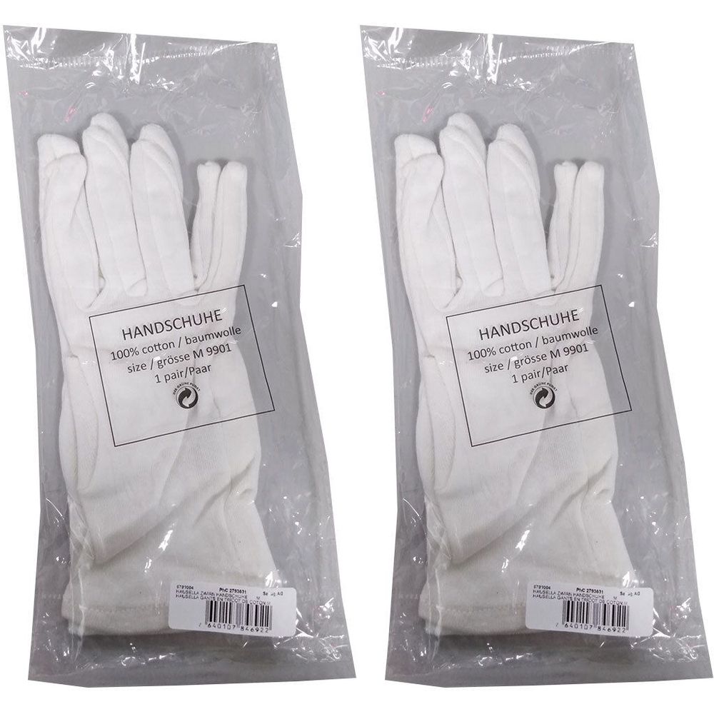 Twee paar witte katoenen handschoenen in plastic verpakking. Opschrift: HANDSCHUHE, 100% katoen, maat M 9901, 1 paar.
