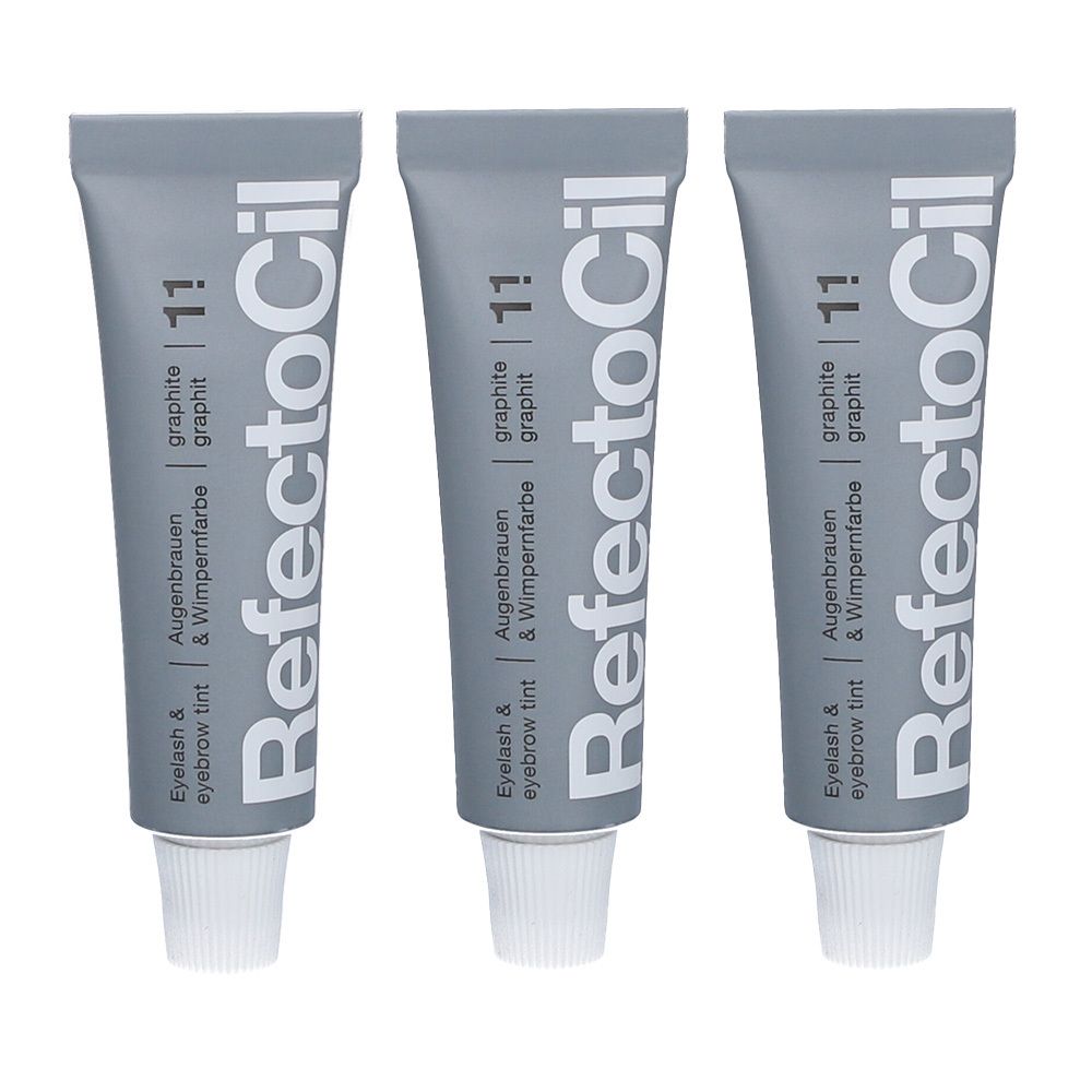 Trois tubes de teinture pour sourcils et cils gris. Chaque tube porte l'inscription "RefectoCil" et "graphit 1.1".