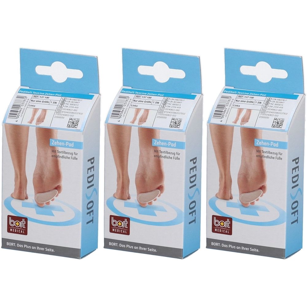Drie productverpakkingen met teenpad. Opschriften: PediSoft, bort MEDICAL. Afbeelding van een voet met pad.