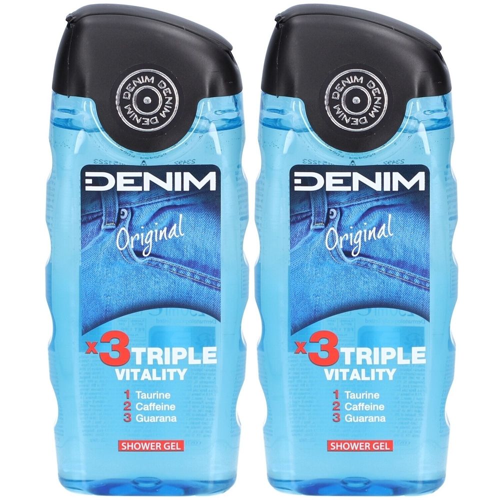 Twee blauwe douchegels met zwarte dop. Opschrift: DENIM Original, 3 Triple Vitality, ingrediënten. Productnaam en merk zichtbaar.
