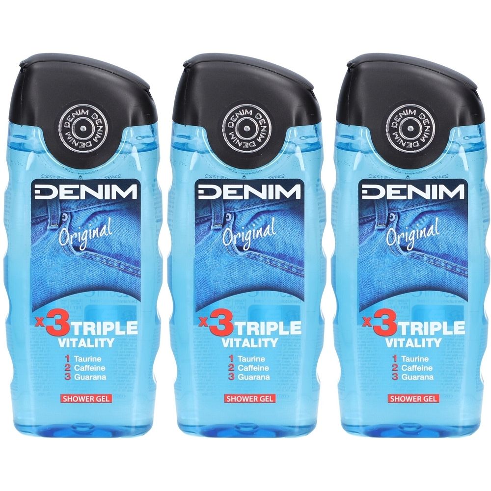 Drie blauwe douchegels met zwarte dop. Opschrift: DENIM Original, Triple Vitality. Bevat Taurine, Cafeïne, Guarana. SHOWER GEL.