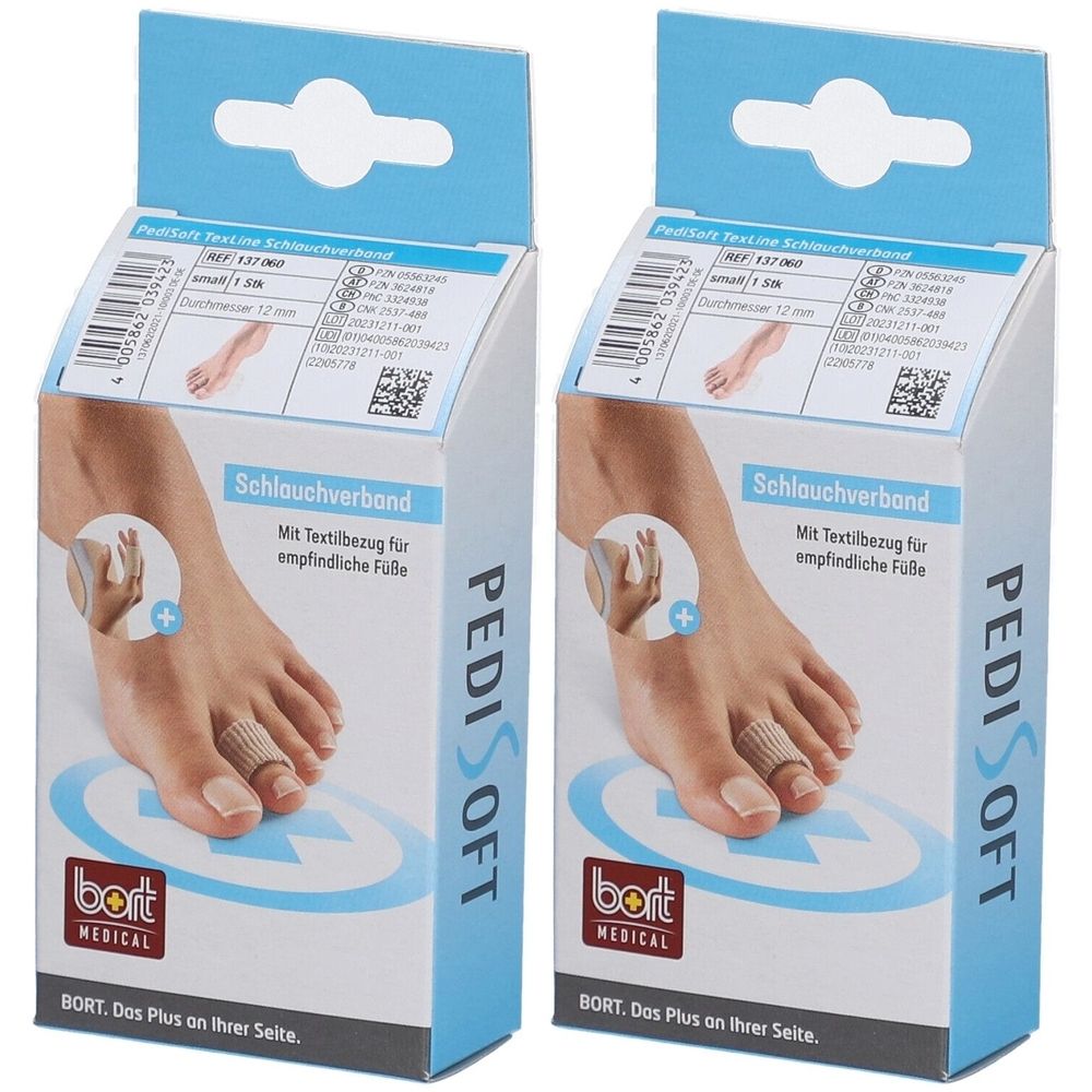 Twee verpakkingen PediSoft buisverband. Opschrift: bort MEDICAL, PediSoft. Productafbeelding op voet.
