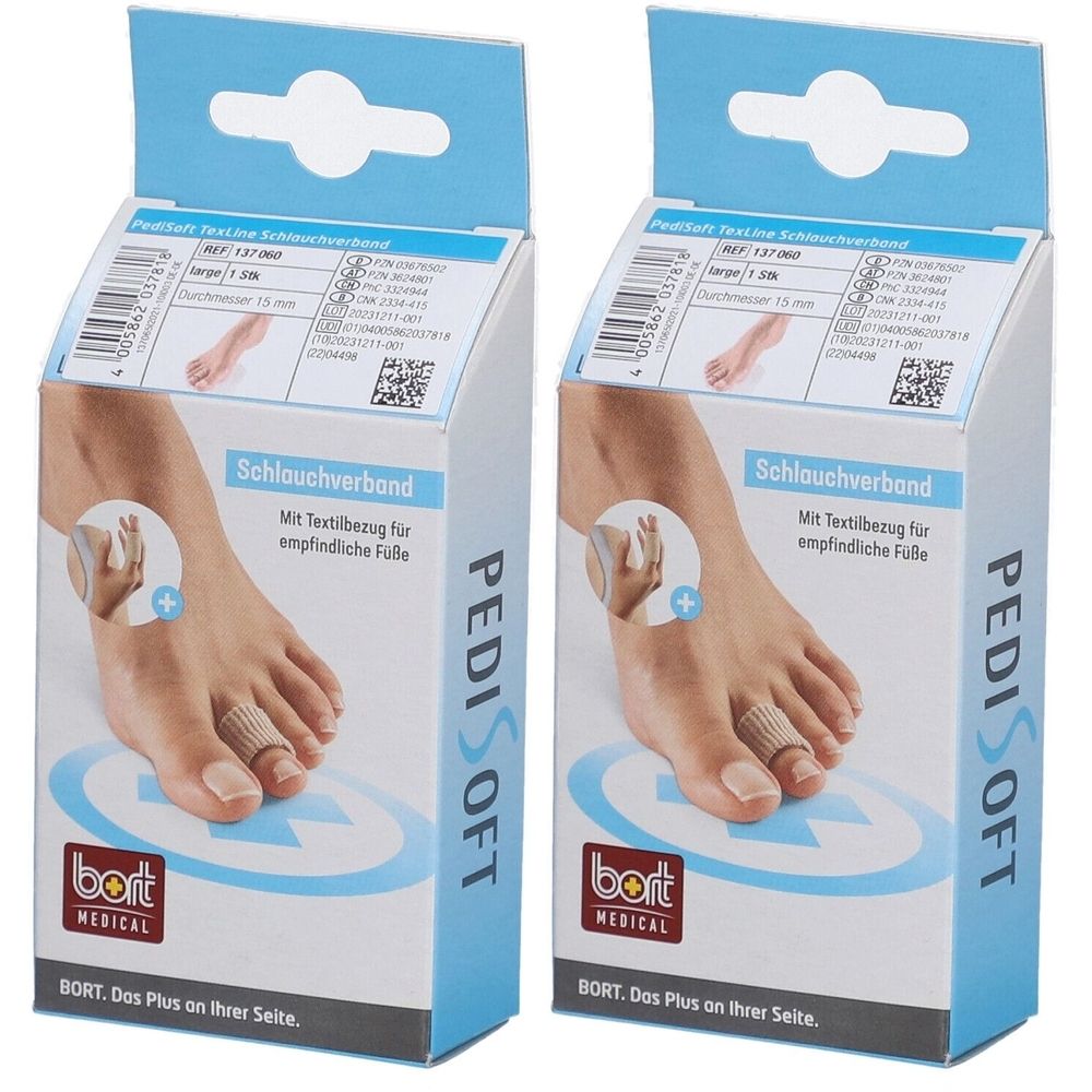 Deux boîtes de PediSoft TexLine. Inscription : BORT MEDICAL, PediSoft. Illustration du produit sur un pied.